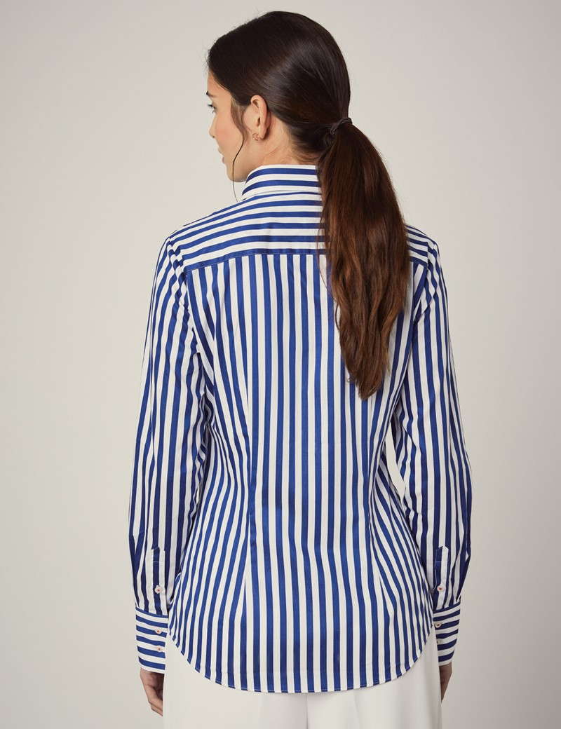 Womens White And Blue Bold Stripe Fitted Shirt With Contrast Detail