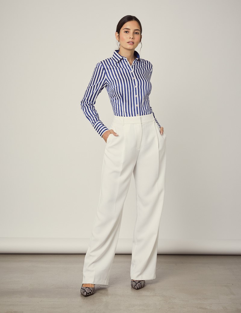 Women's White & Blue Bold Stripe Fitted Shirt With Contrast Detail ...