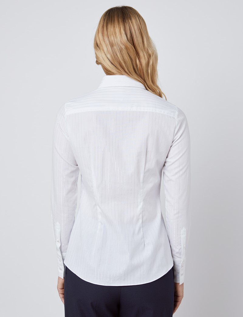 Women's White & Silver Lurex Stripe Fitted Shirt - Single Cuff | Hawes ...