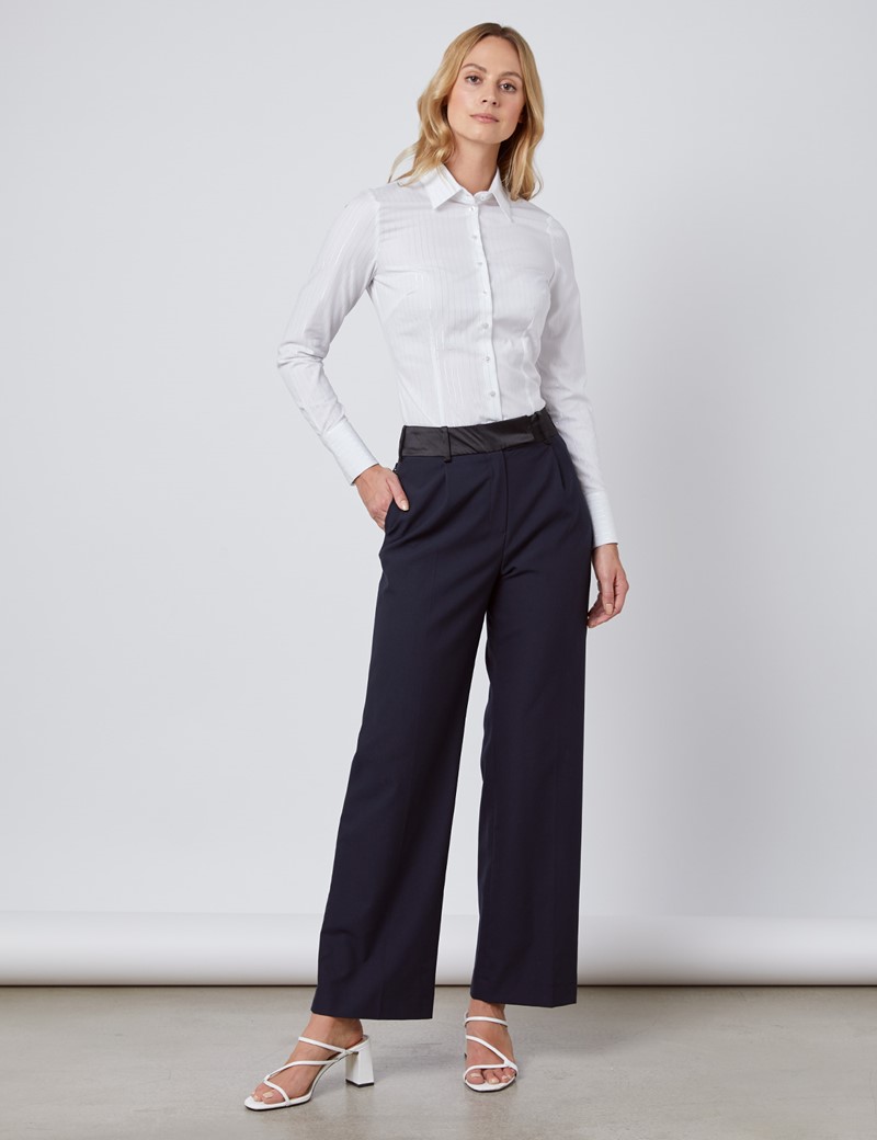 Women's White & Silver Lurex Stripe Fitted Shirt - Single Cuff | Hawes ...