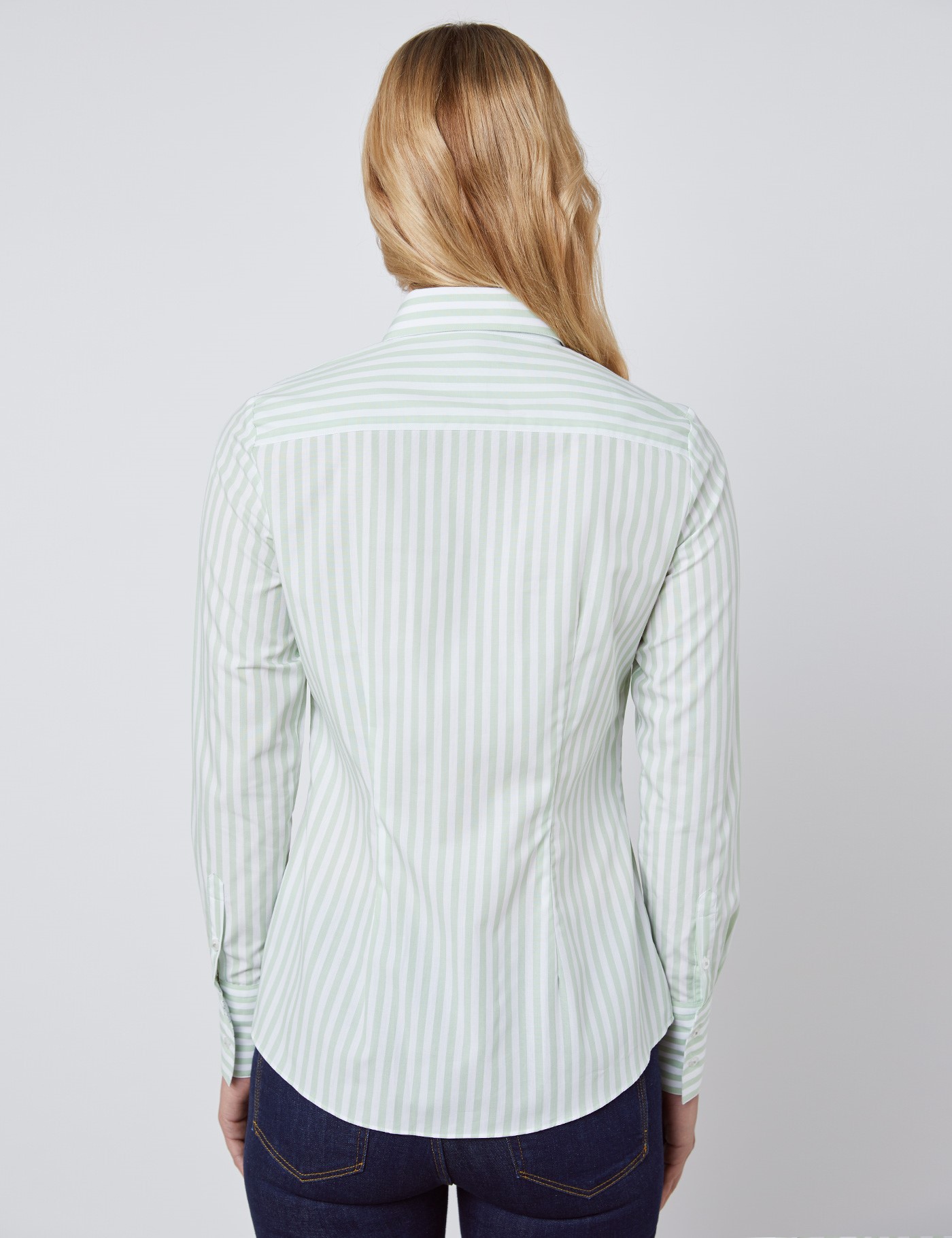 Women's White & Green Stripe Fitted Shirt - Single Cuff | Hawes & Curtis