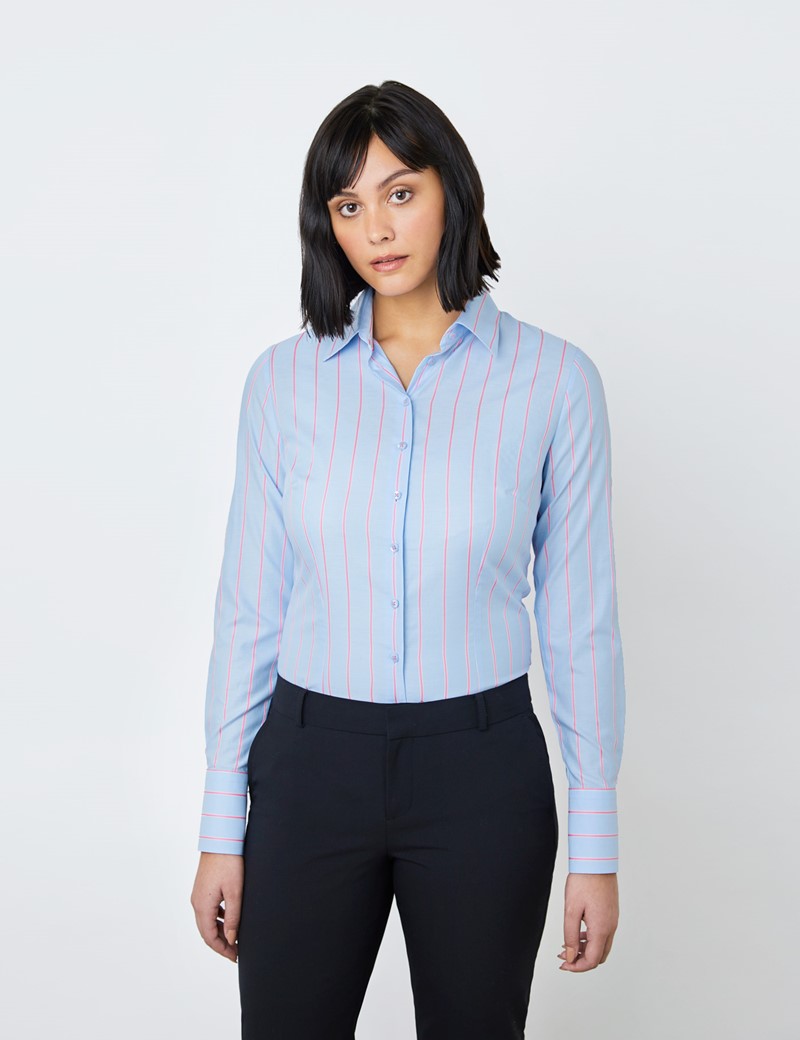 Cotton Women's Fitted Shirt with Fine Stripes Design in Light Blue ...