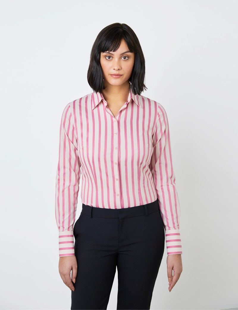 Cotton Women S Fitted Shirt With Bi Colour Stripe Design In Pink And Light Pink Hawes And Curtis Usa