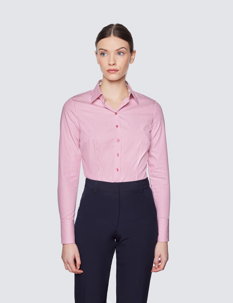 Women's Pink & White Fine Stripe Fitted Cotton Stretch Shirt