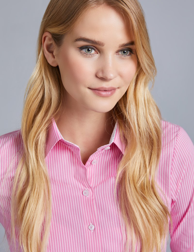Women's Pink & White Stripe Fitted Shirt - Single Cuff | Hawes & Curtis