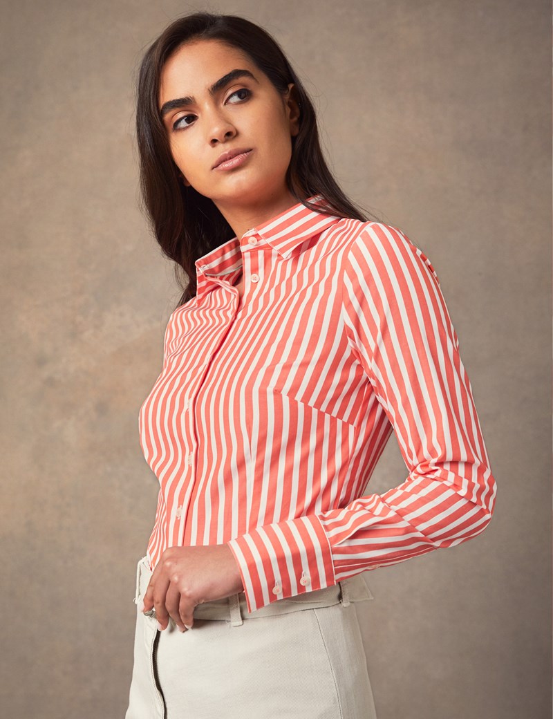 Women's Coral & White Bold Stripe Cotton Stretch Fitted Shirt - Single ...