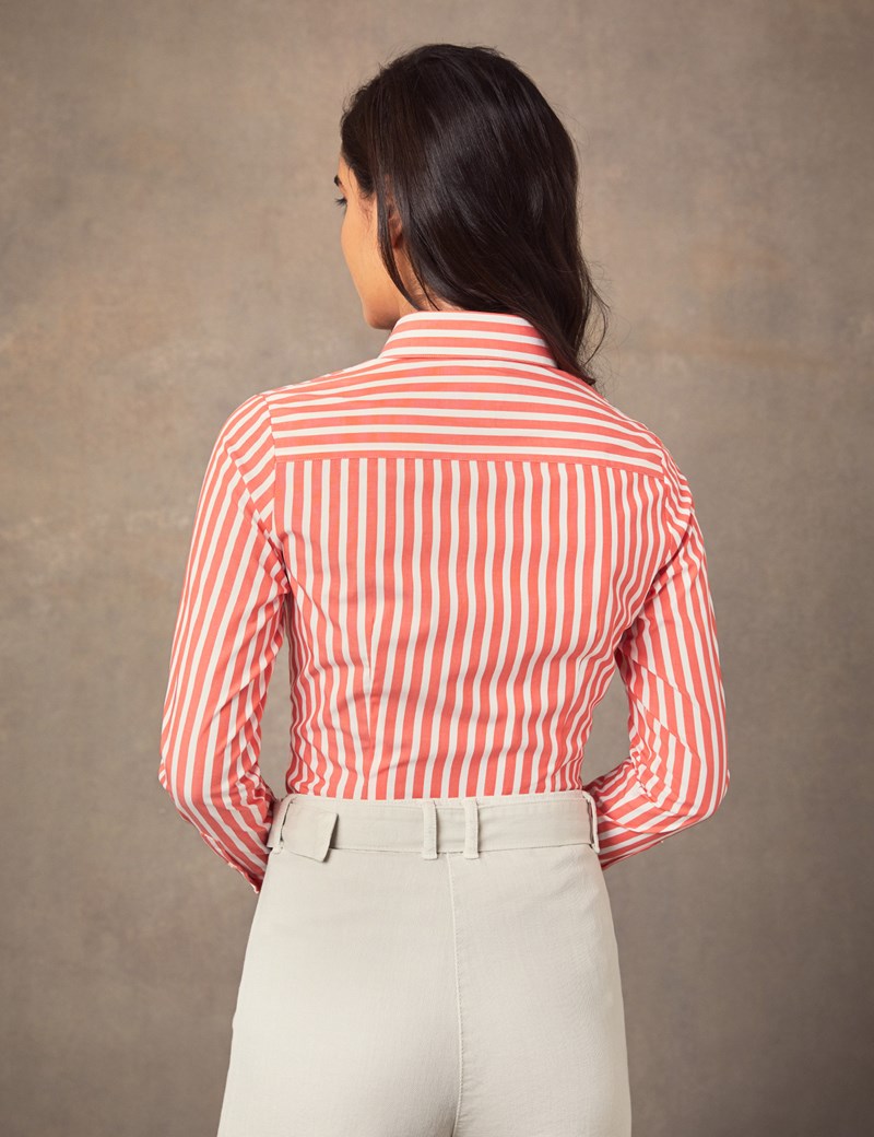 Women's Coral & White Bold Stripe Cotton Stretch Fitted Shirt - Single ...