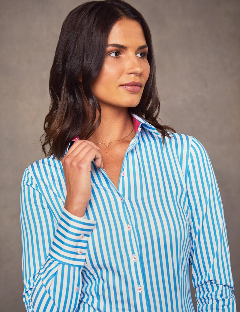 Women's Blue & White Bengal Stripe Cotton Stretch Fitted Shirt - Single ...