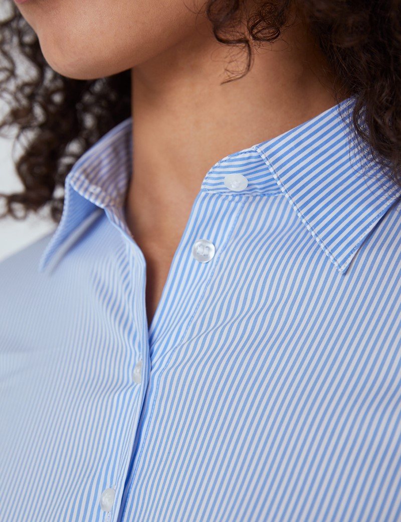 Women's Blue & White Stripes Luxury Cotton Nylon Fitted Shirt - Single Cuff 