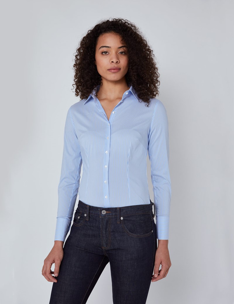 Women's Blue & White Stripes Luxury Cotton Nylon Fitted Shirt - Single Cuff 