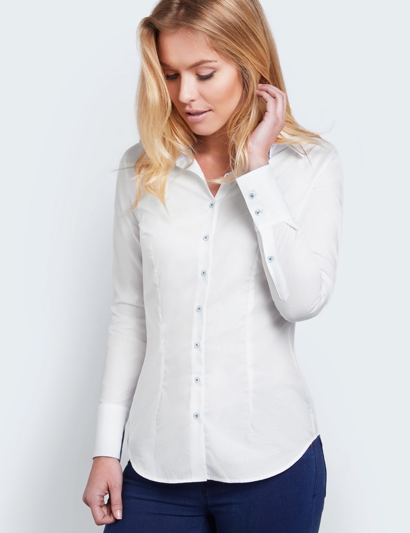 Women's White Textured Fitted Shirt With Contrast Detail - Single Cuff ...