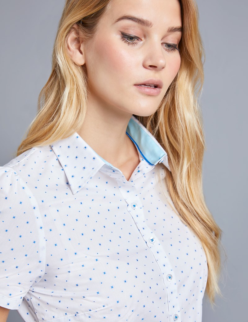 Women's White & Blue Dobby Fitted Short Sleeve Shirt | Hawes & Curtis