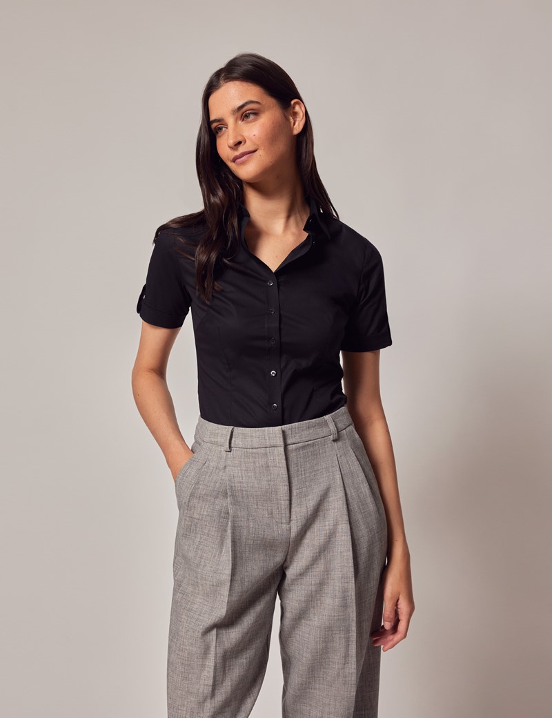 Women's Black Fitted Short Sleeve Shirt | Hawes & Curtis