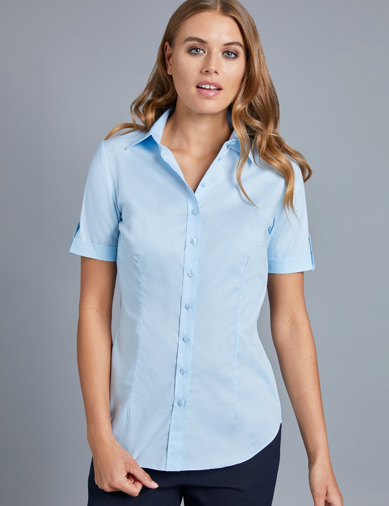 Women's Ice Blue Fitted Short Sleeve Shirt | Hawes & Curtis