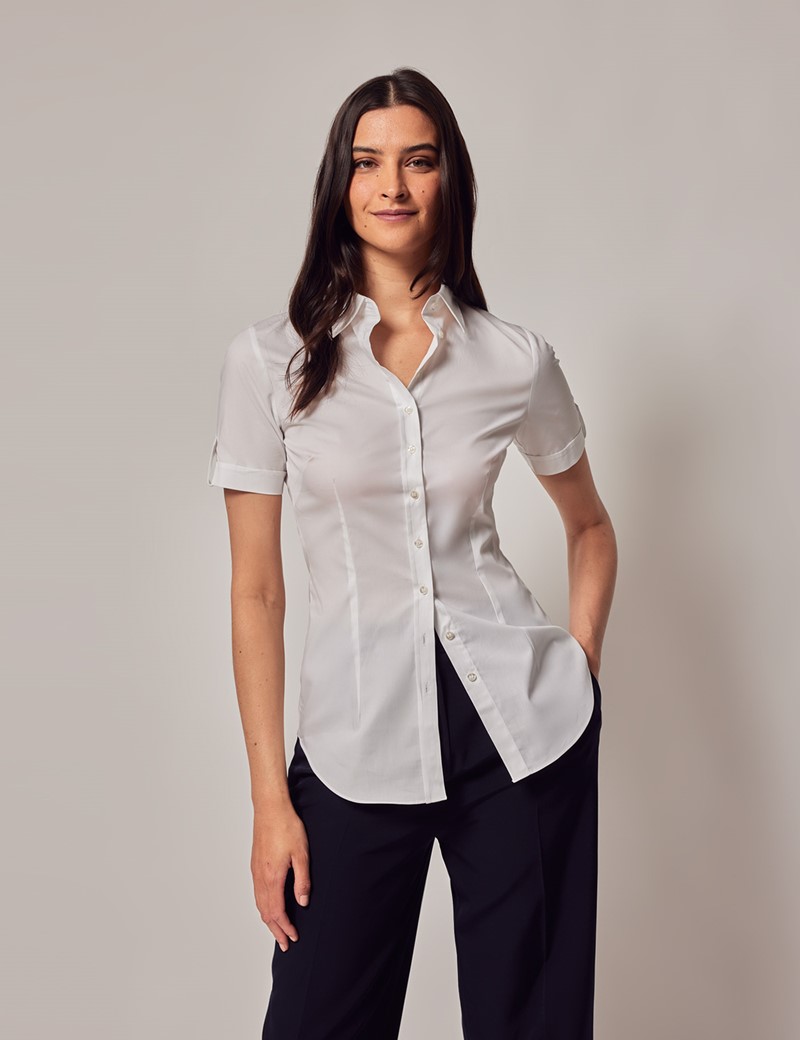 Short Sleeve Shirts Women Crewneck Casual, White Button