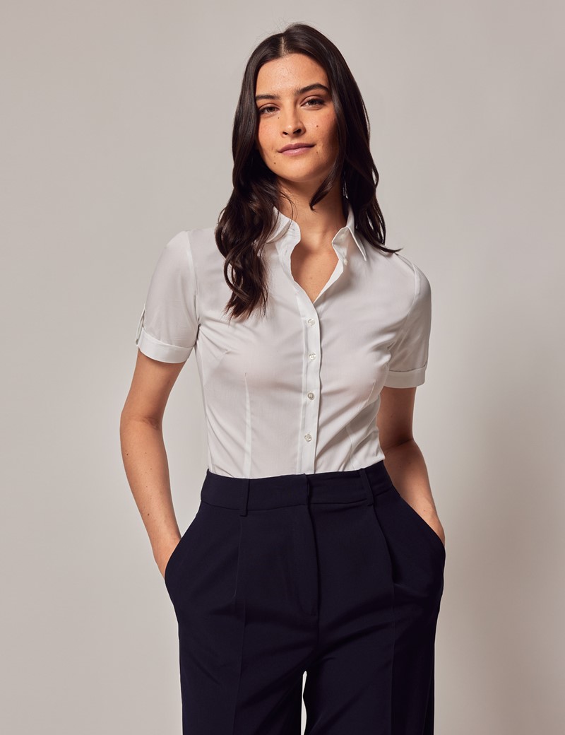 Women's White Fitted Short Sleeve Shirt | Hawes & Curtis