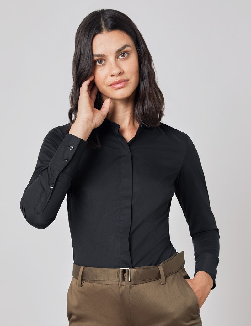 Women's Black Fitted Cotton Stretch Shirt With Concealed Placket  - Single Cuff