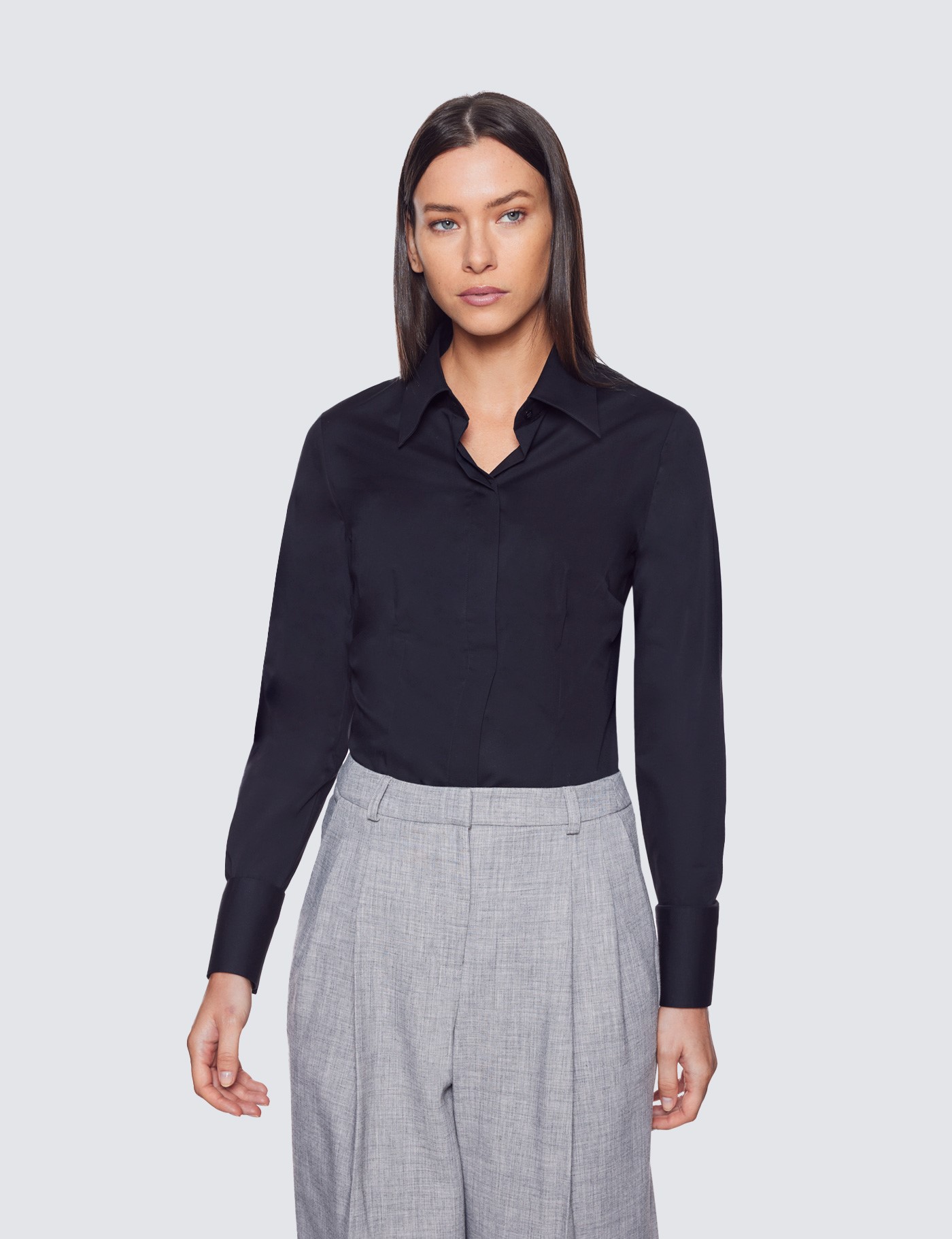 Women's Black Fitted Cotton Stretch Shirt With Concealed Placket