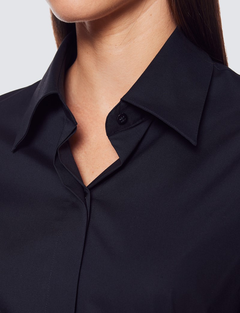 Women's Black Fitted Cotton Stretch Shirt With Concealed Placket  - Single Cuff