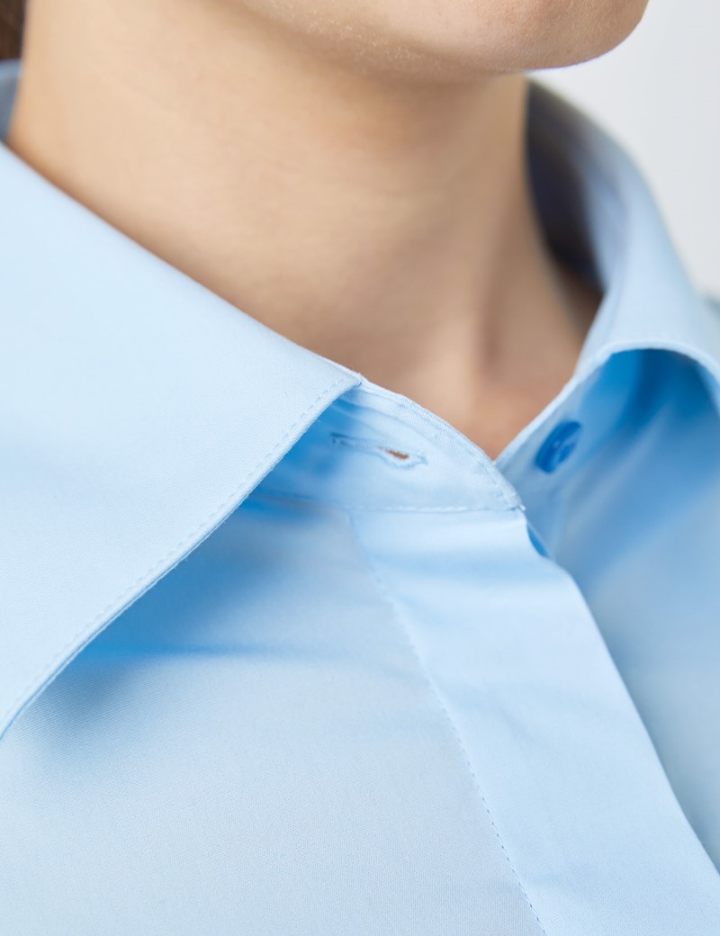 Women's Ice Blue Fitted Cotton Stretch Shirt With Concealed Placket  - Single Cuff