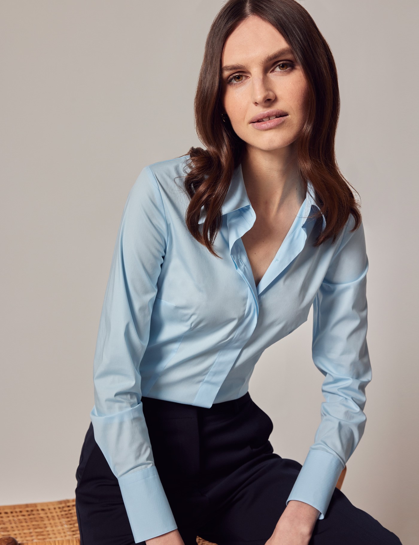 Women's Ice Blue Fitted Cotton Stretch Shirt With Concealed Placket