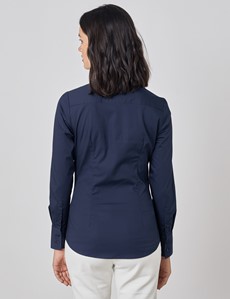 Women's Navy Fitted Cotton Stretch Shirt With Concealed Placket  - Single Cuff