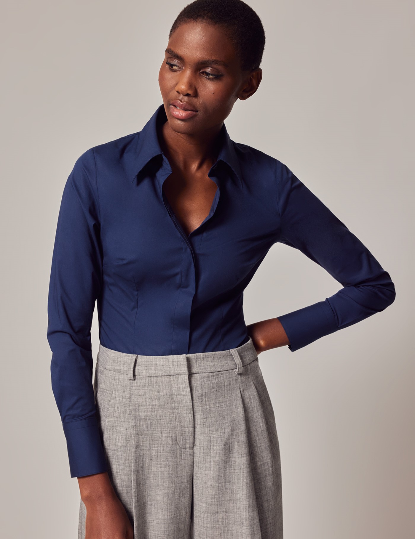 Women's Navy Fitted Cotton Stretch Shirt With Concealed Placket