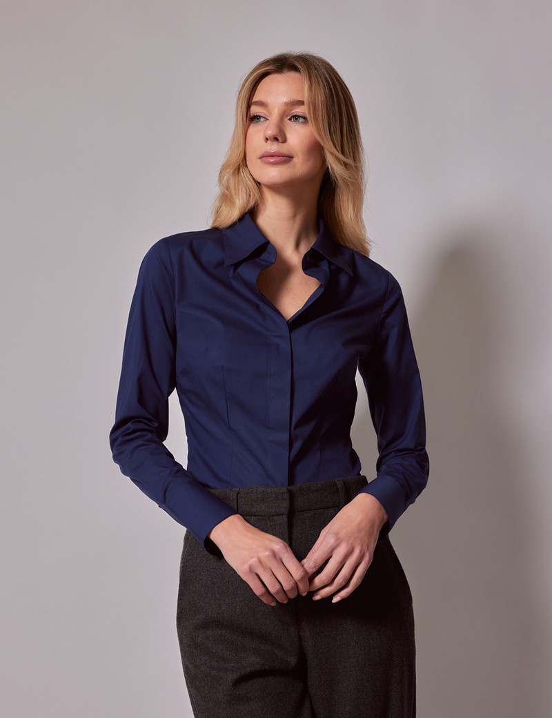 Navy Cotton Stretch Fitted Shirt With Concealed Placket