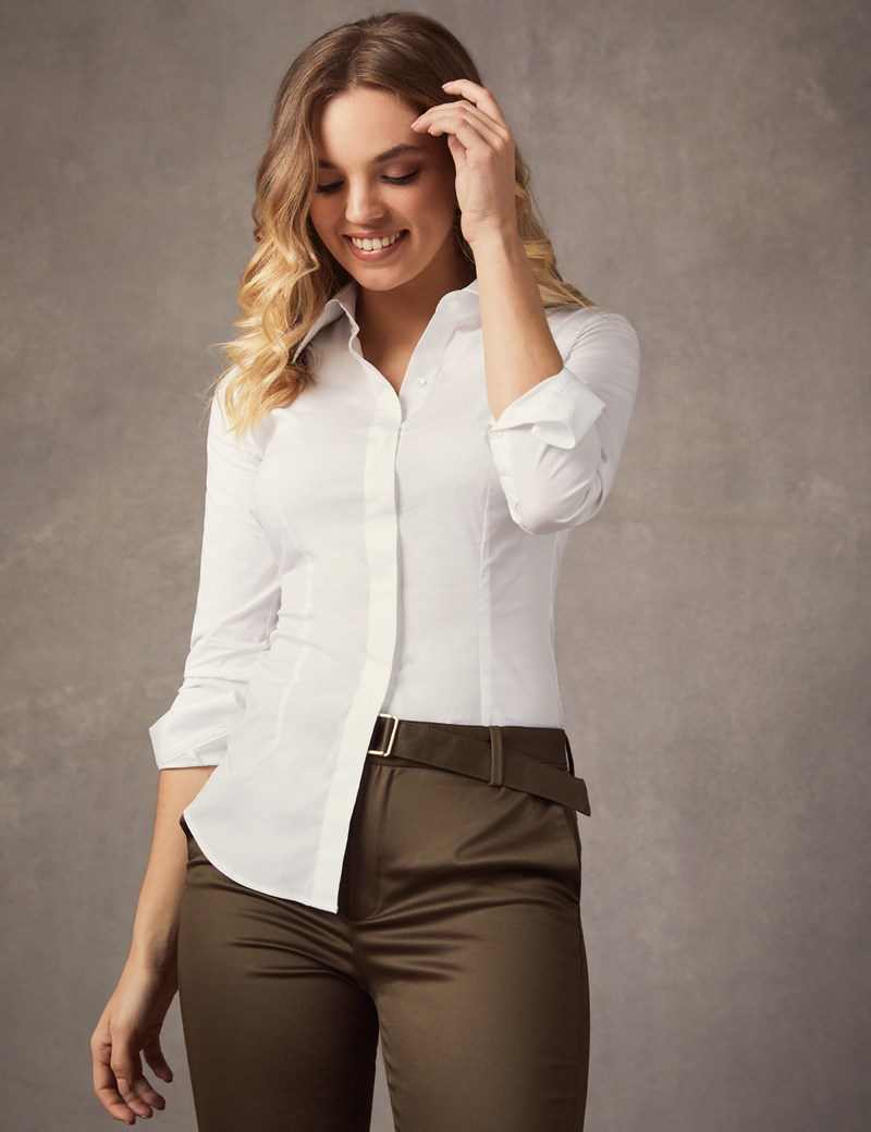 Womens White Fitted Cotton Stretch Shirt With Concealed Placket Single Cuff Hawes And Curtis