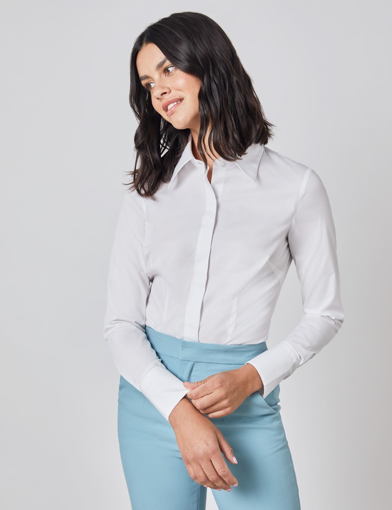 Cotton Stretch Plain Women's Fitted Shirt with Concealed Placket and ...