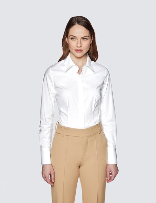 Women's White Fitted Cotton Stretch Shirt With Concealed Placket  - Single Cuffs