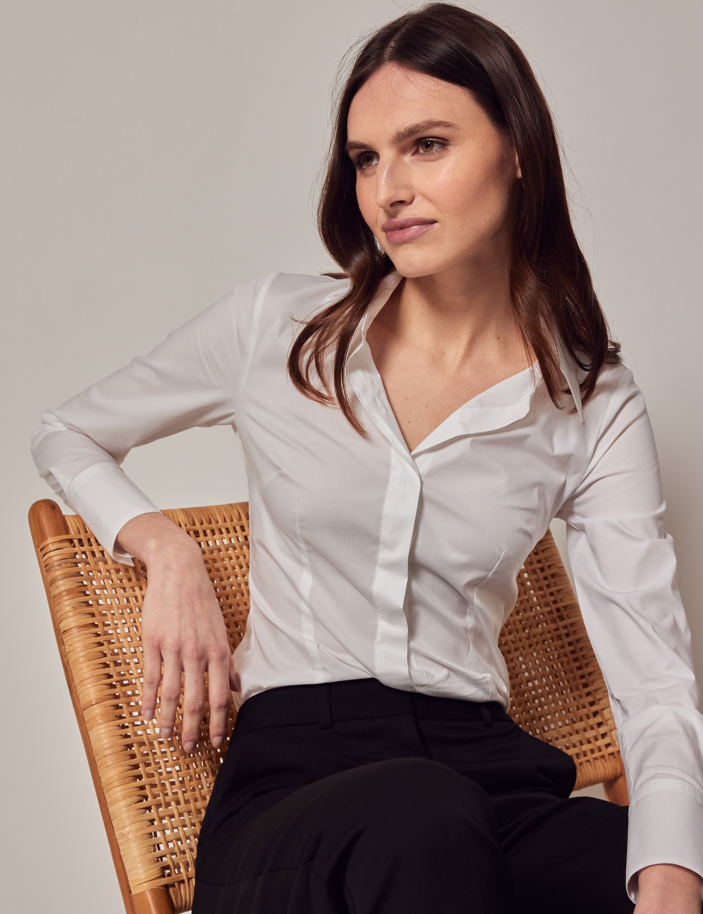 Women's White Fitted Cotton Stretch Shirt With Concealed Placket ...