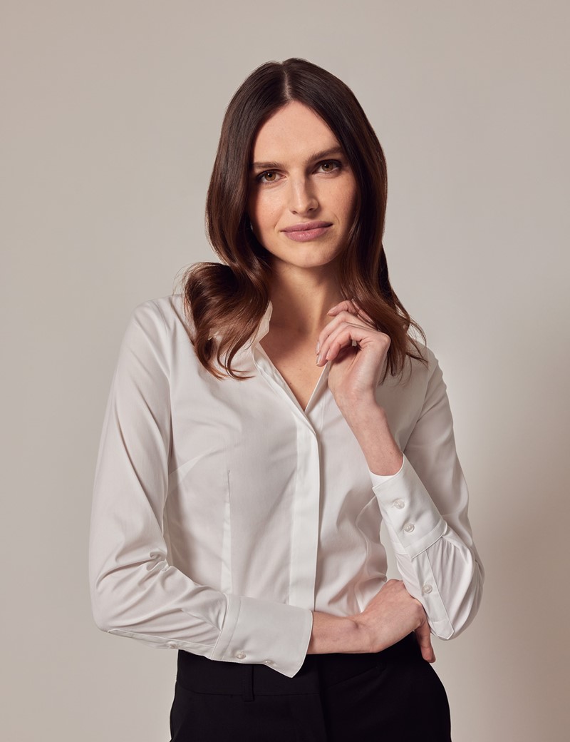 Women's White Fitted Cotton Stretch Shirt With Concealed Placket ...
