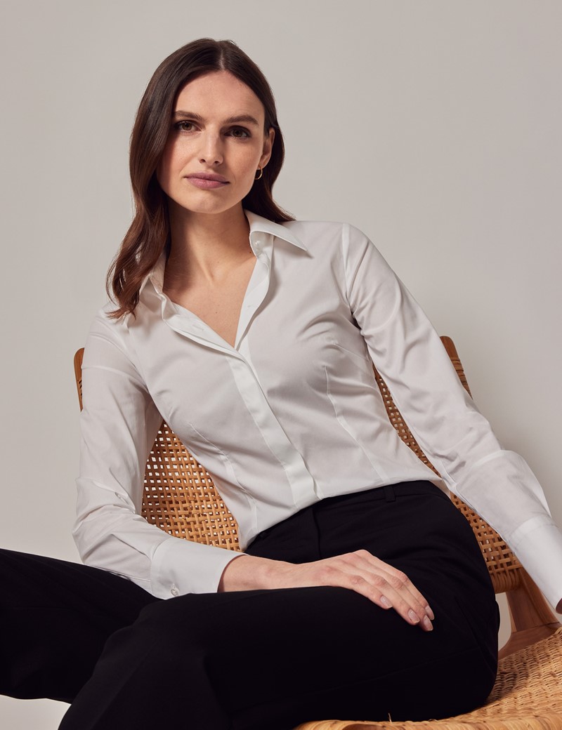White Cotton Stretch Fitted Shirt With Concealed Placket