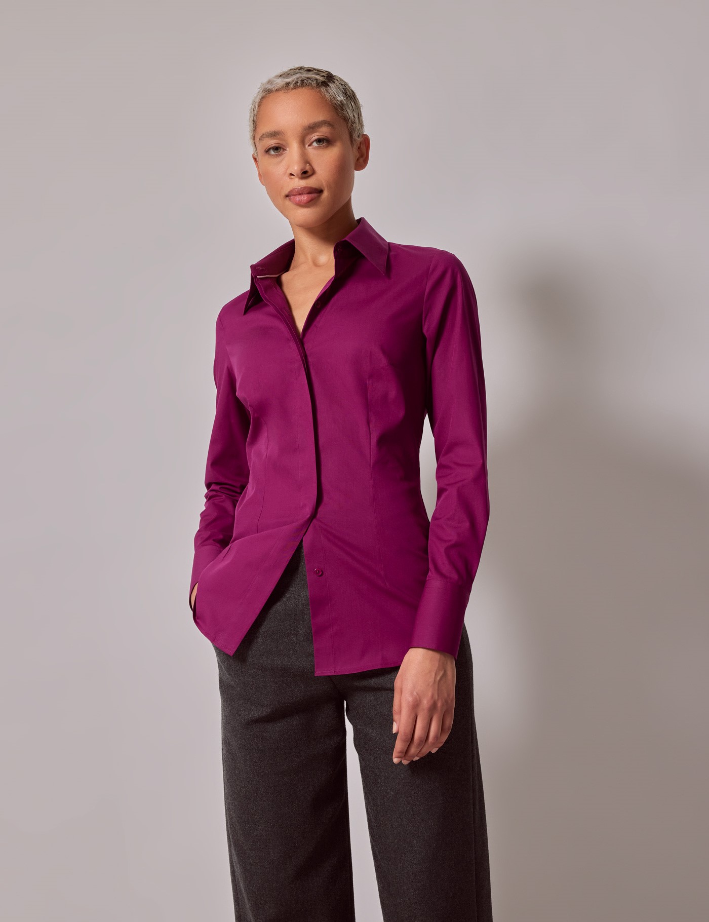 Women's Burgundy Cotton Stretch Fitted Shirt With Contrast Detail