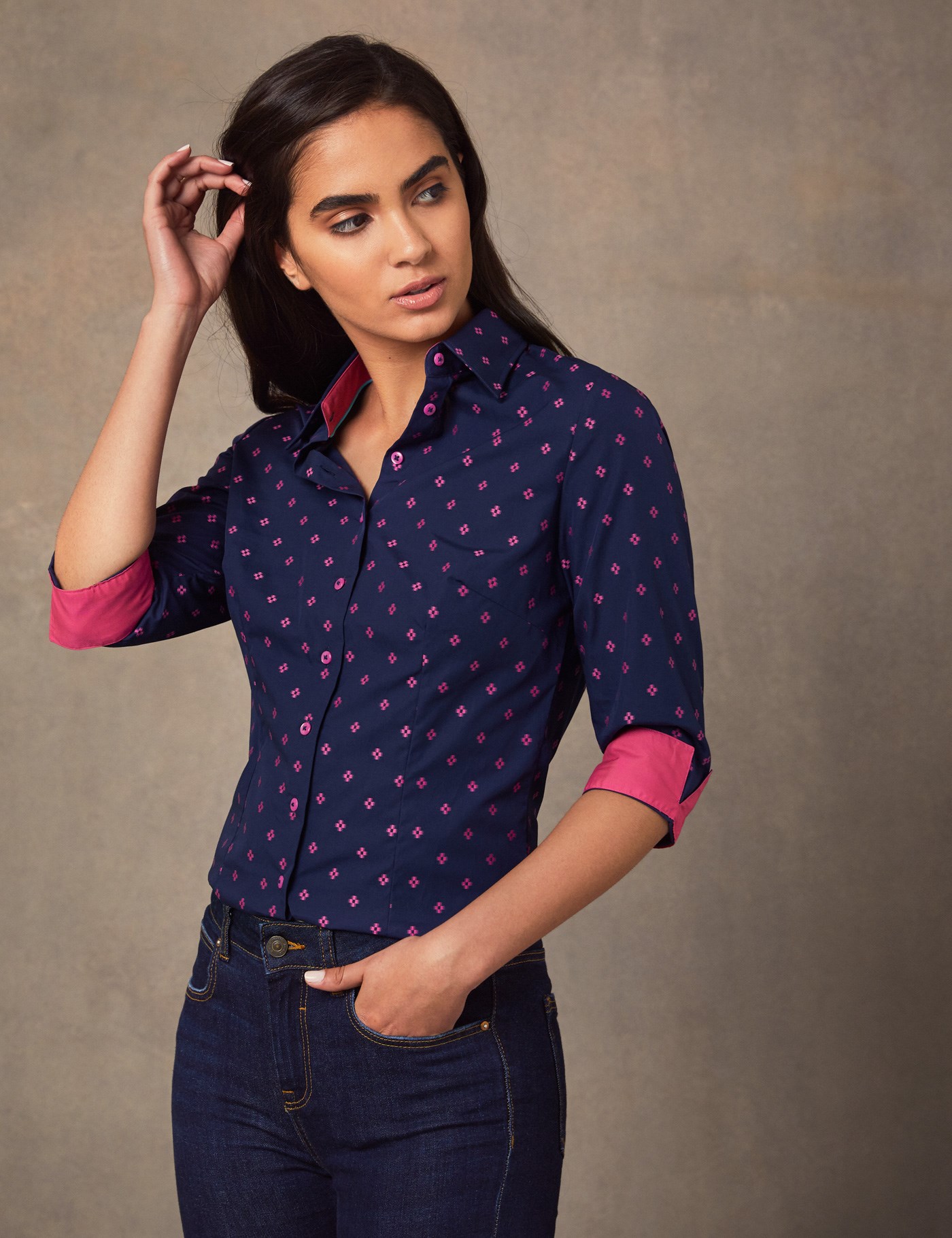 Women's Navy & Pink Dobby Fitted 3 Quarter Sleeve Shirt | Hawes & Curtis