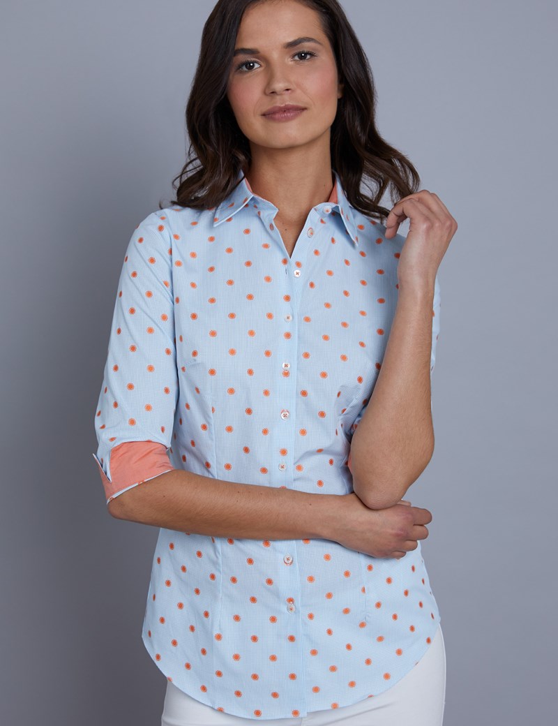 Women's Blue & Orange Dobby Fitted 3 Quarter Sleeve Shirt | Hawes and ...