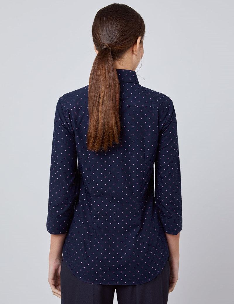 Womens Navy And Pink Dobby Spot Fitted 3 Quarter Sleeve Shirt Hawes And Curtis 0167