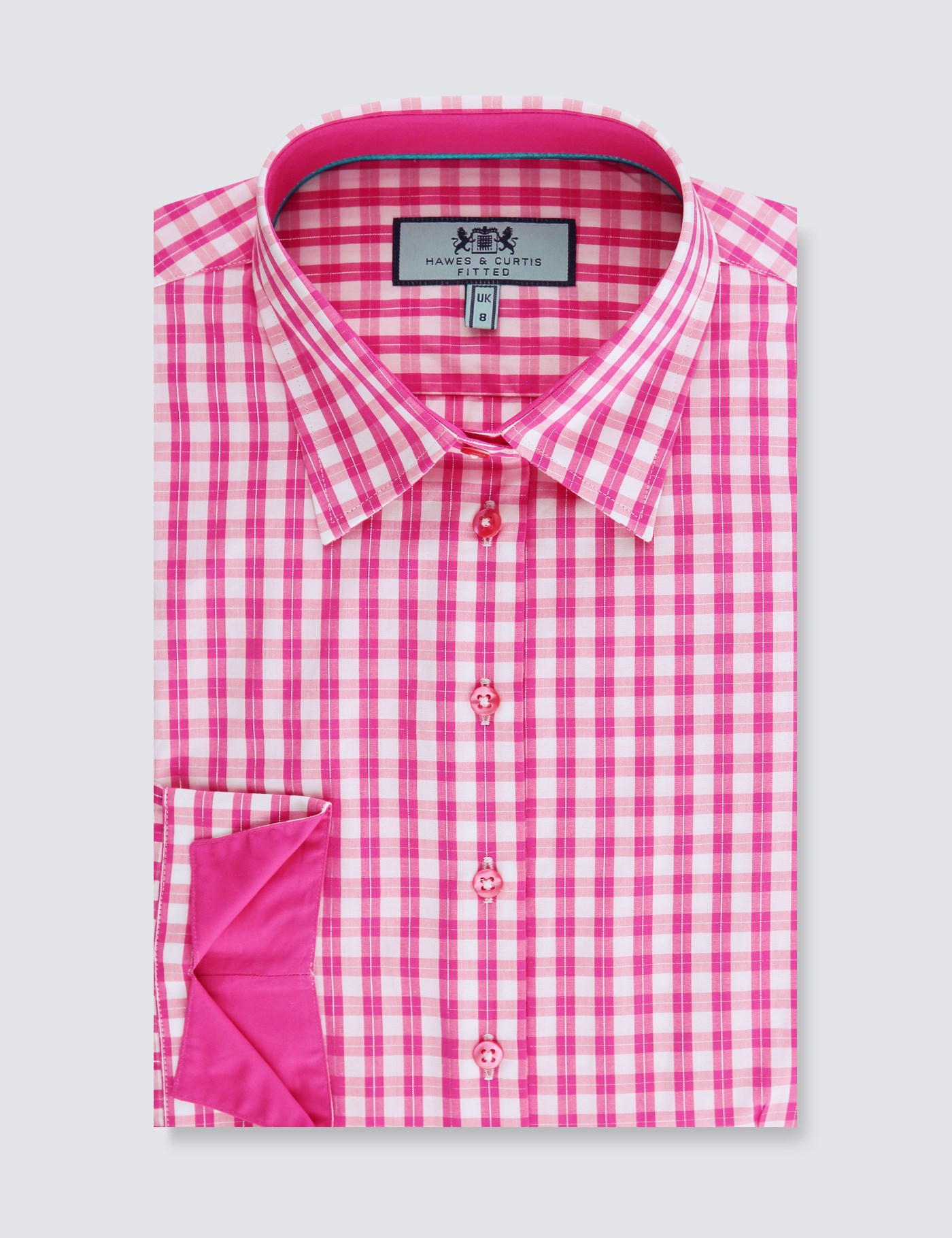 Women's Pink & White Gingham Check Fitted Shirt - 3 Quarter Sleeve ...
