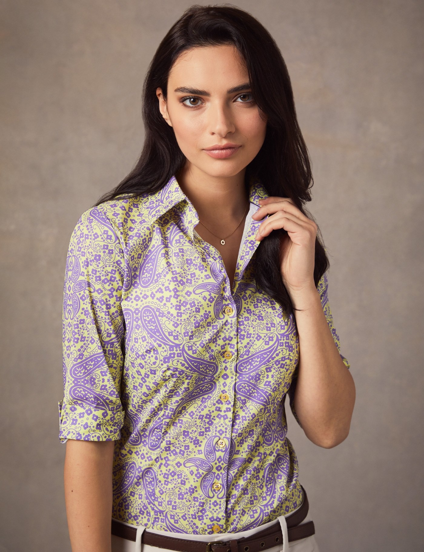 Women's Purple & Yellow Paisley Fitted 3 Quarter Sleeve Shirt | Hawes ...