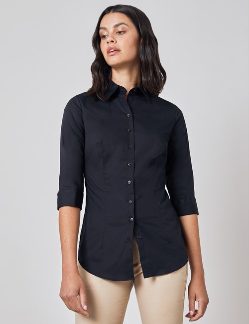 Black Fitted 3 Quarter Sleeve Cotton Shirt