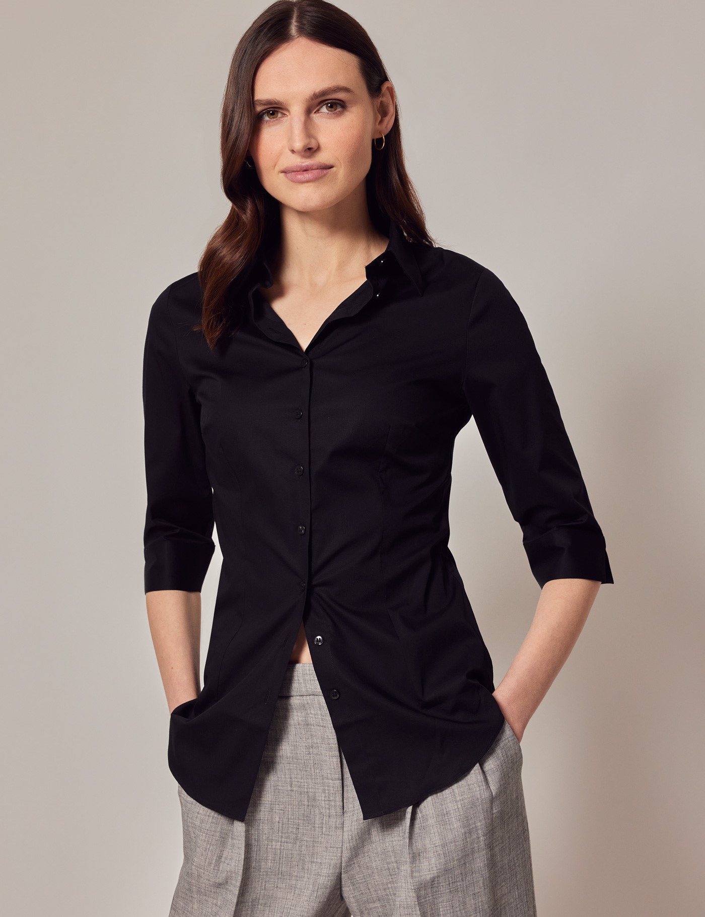 Black Cotton Zip Up Fitted Long Sleeve Top
