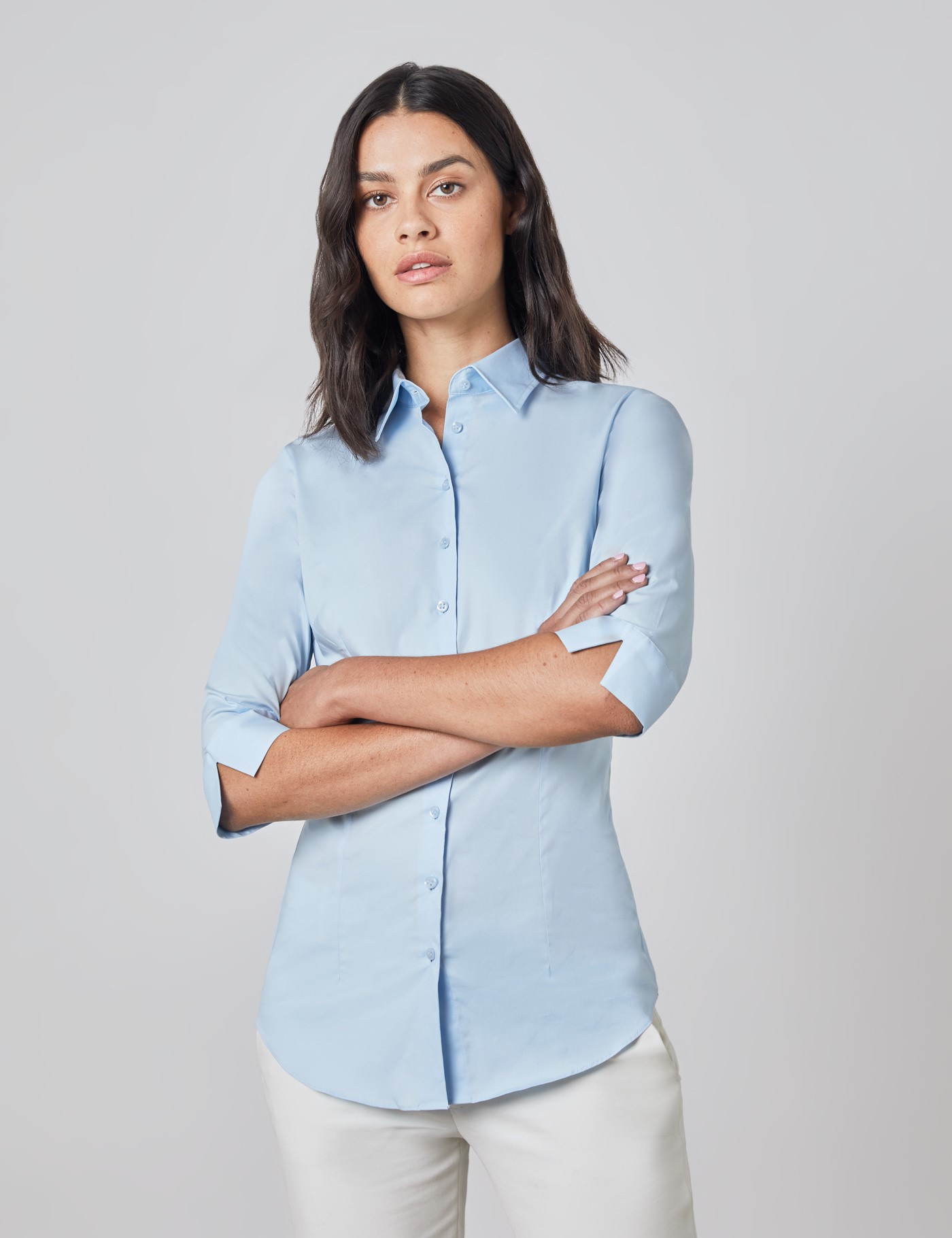Women's Ice Blue Fitted Three Quarter Sleeve Cotton Shirt | Hawes & Curtis