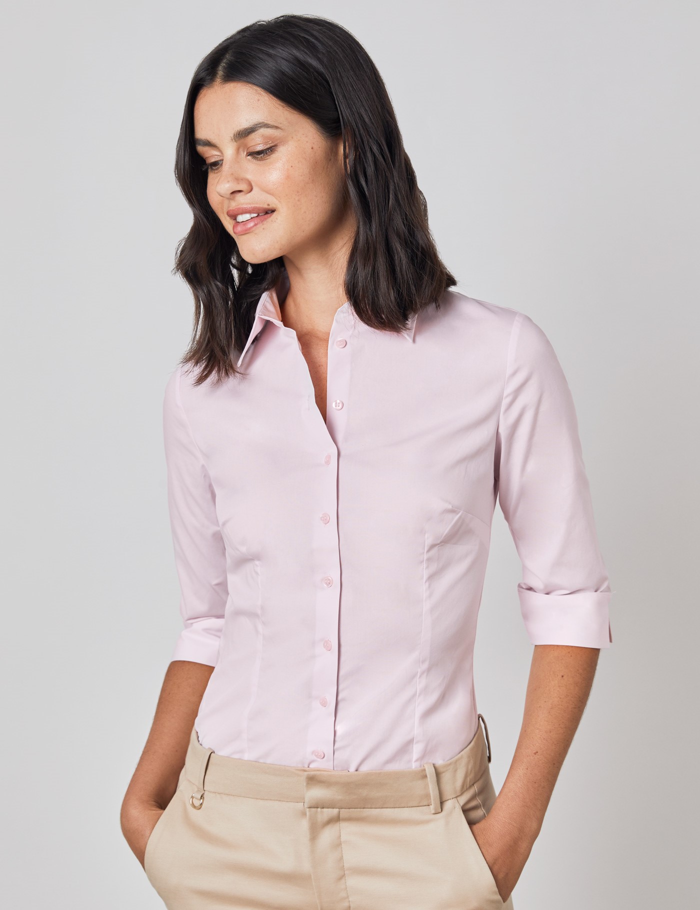 Womens Pink Fitted 3 Quarter Sleeve Cotton Shirt Hawes And Curtis