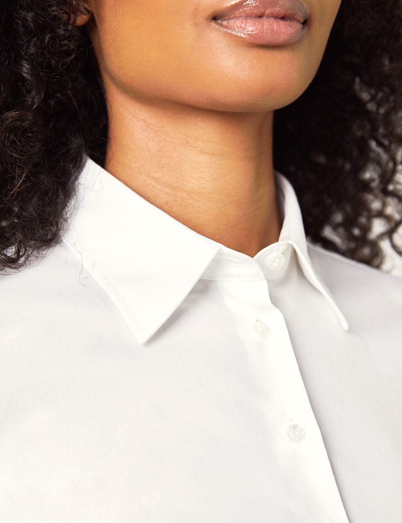 Women's White Fitted 3 Quarter Sleeve Cotton Shirt Low Collar Hawes