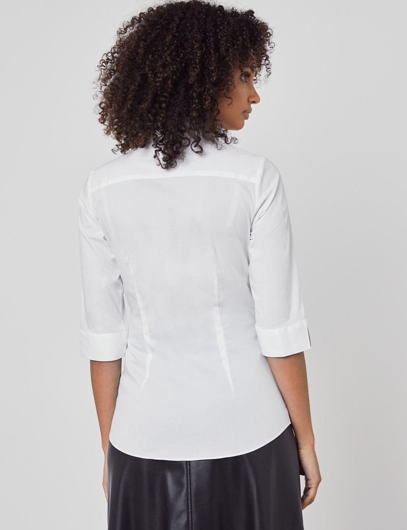 Women's White Fitted 3 Quarter Sleeve Cotton Shirt 