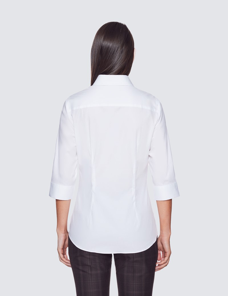 Women's White Fitted 3 Quarter Sleeve Cotton Shirt 