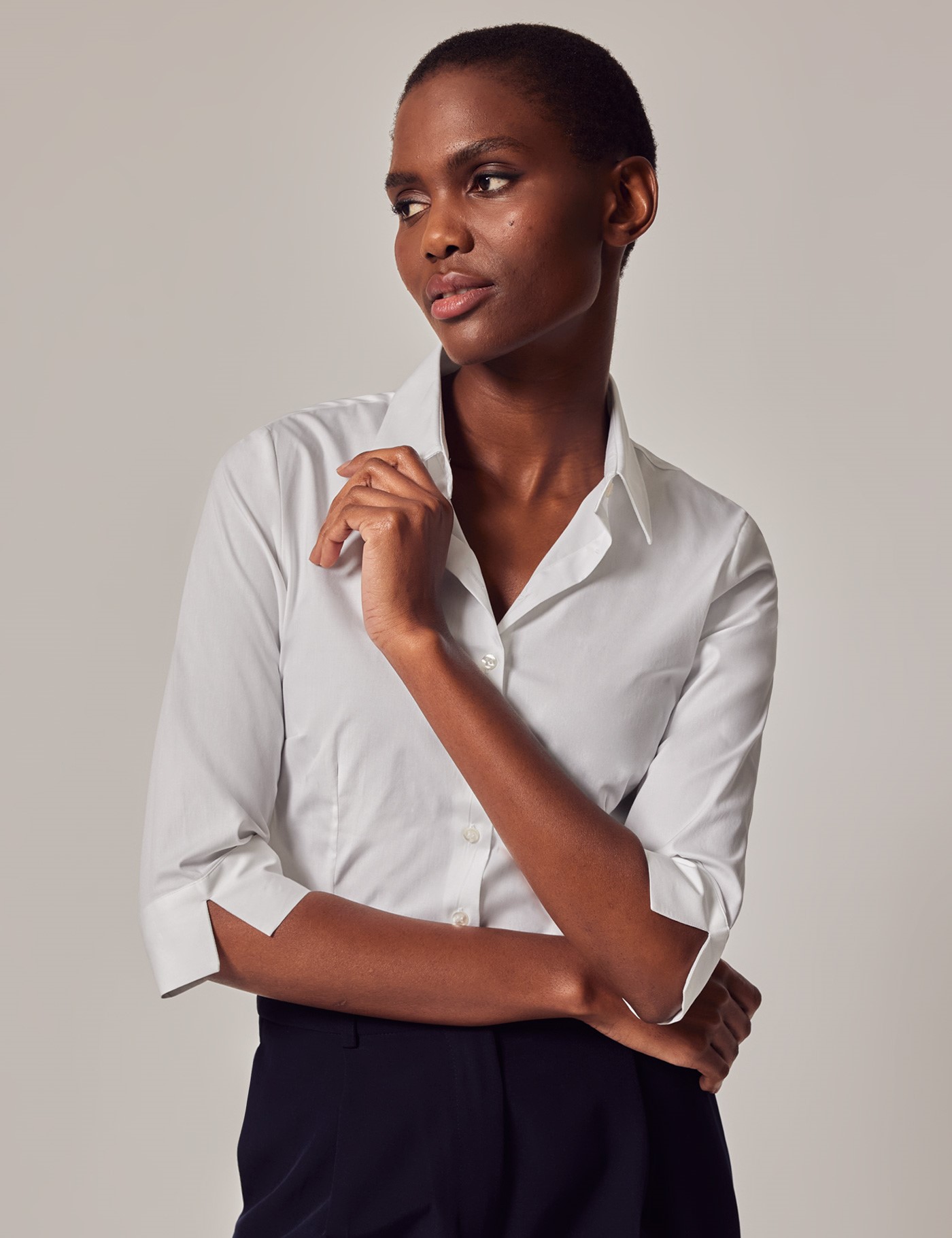 Women's White Fitted 3 Quarter Sleeve Cotton Shirt | Hawes & Curtis