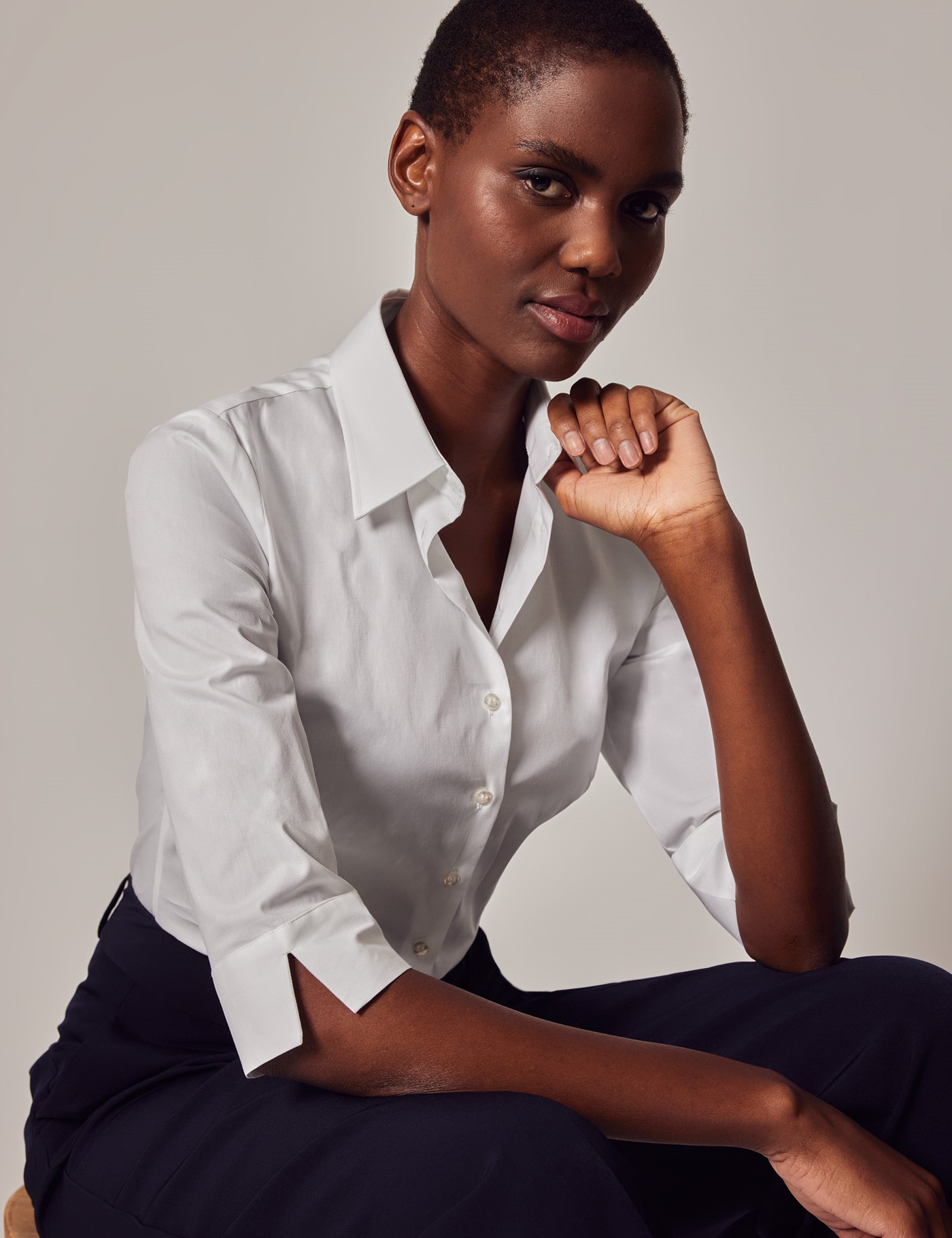 Women s White Fitted 3 Quarter Sleeve Cotton Shirt