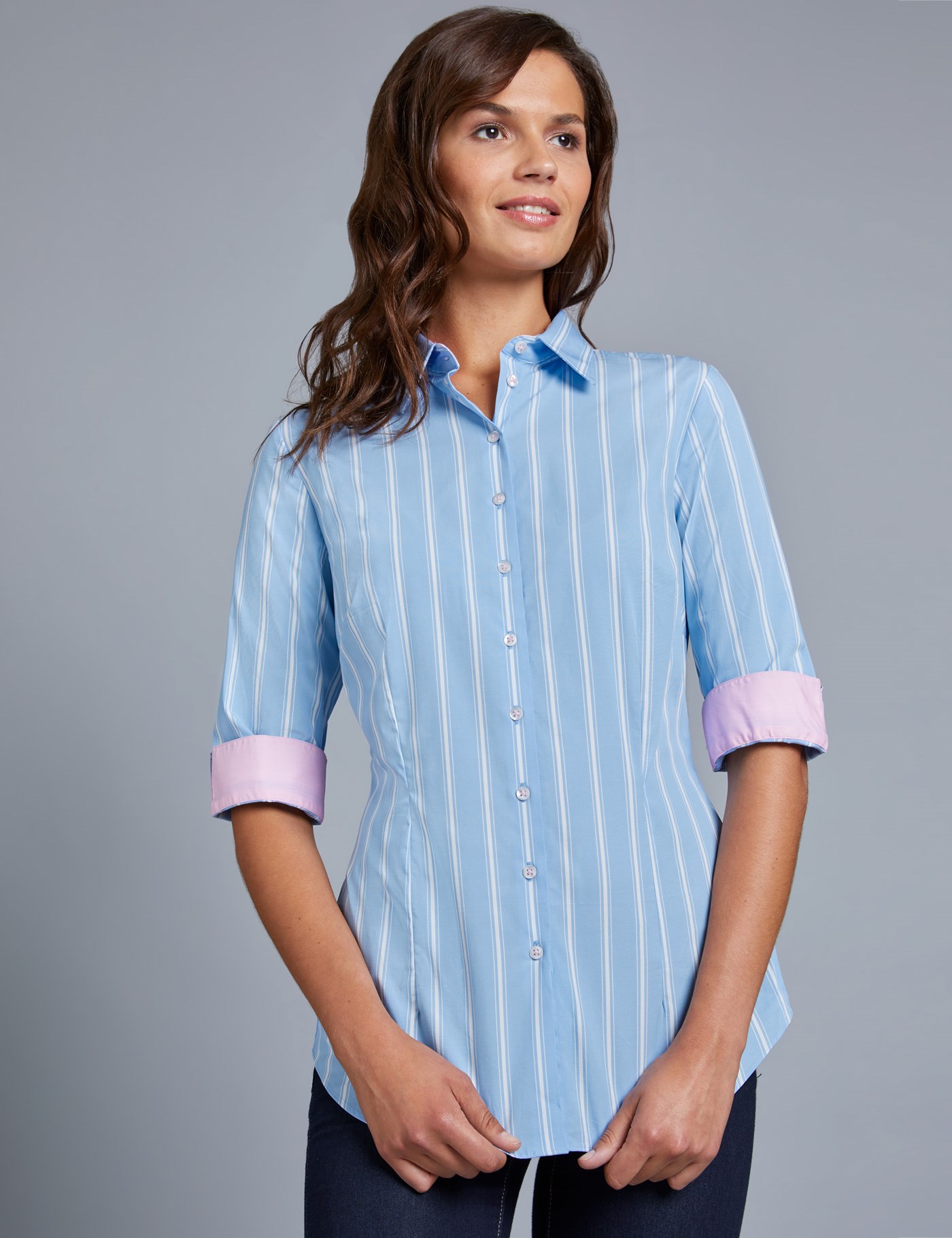 Women's Blue & White Multi Stripe Fitted Shirt - 3 Quarter Sleeve